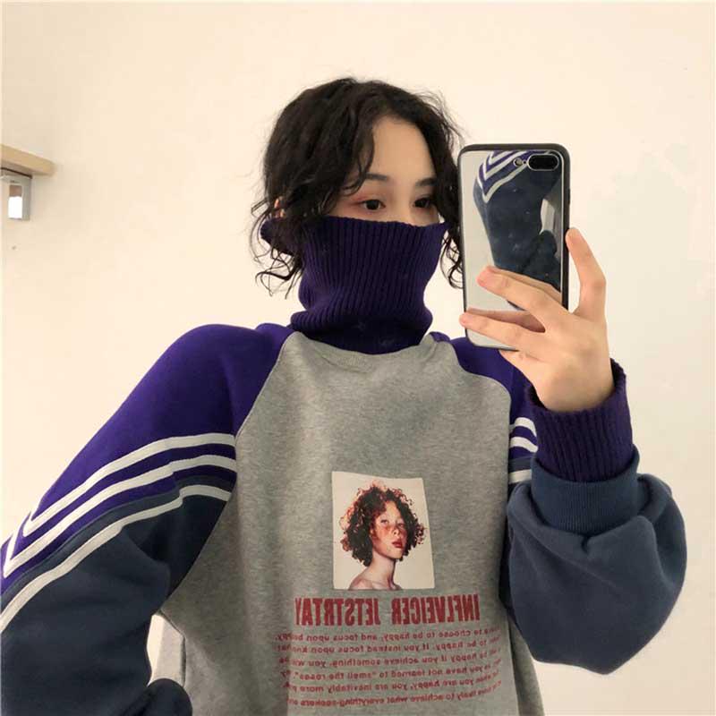 Women Turtleneck Thicker Plus Velvet Warm Harajuku Printed Pullovers Patchwork Chic Sweatshirts