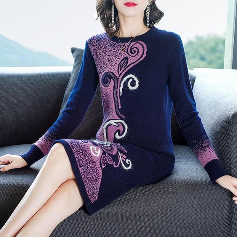 Autumn Winter High-end Women Thick Sweater Long Round Neck Print Long-sleeved Sweater Dress Slim Stretch Warm Base Pullover Sweater