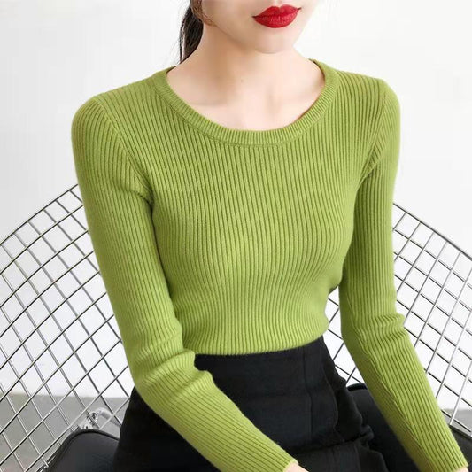 All-match Solid Color Top Women's Thin Soft and Comfortable Sweater Round Neck Pullover Tight-fitting Thin Inner Base Shirt