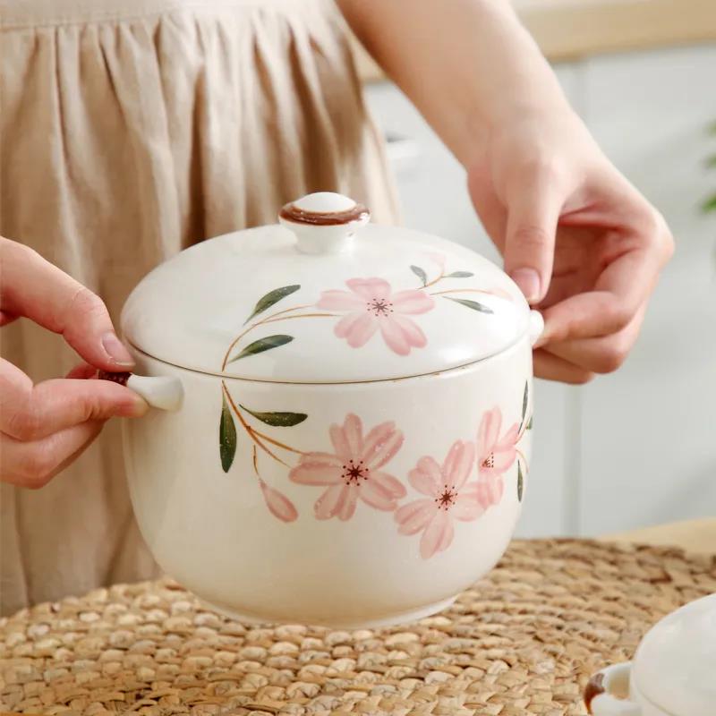 Chinese Style Underglaze Cherry Blossom Ceramic Soup Cup, Steamed Egg Pot, Water-proof Soup Pot with Lid