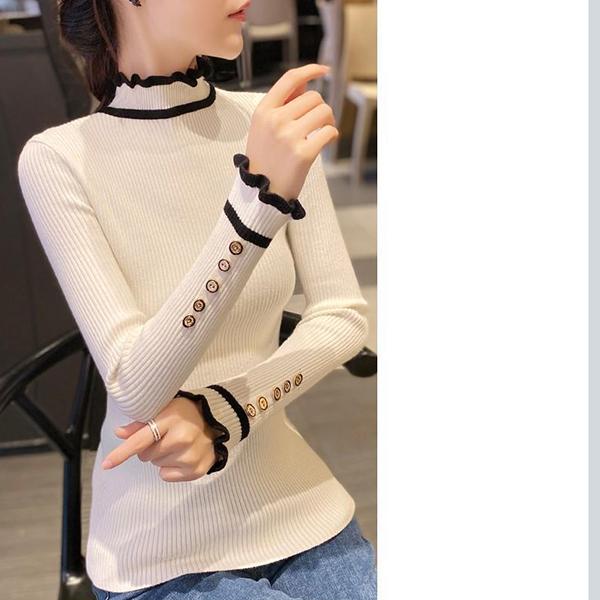 Women's Knitted Bottoming Shirt In Autumn and Winter To Wear Slim and Thin Half Turtleneck Sweater with Wood Ears Thick Western Style Sweater Top