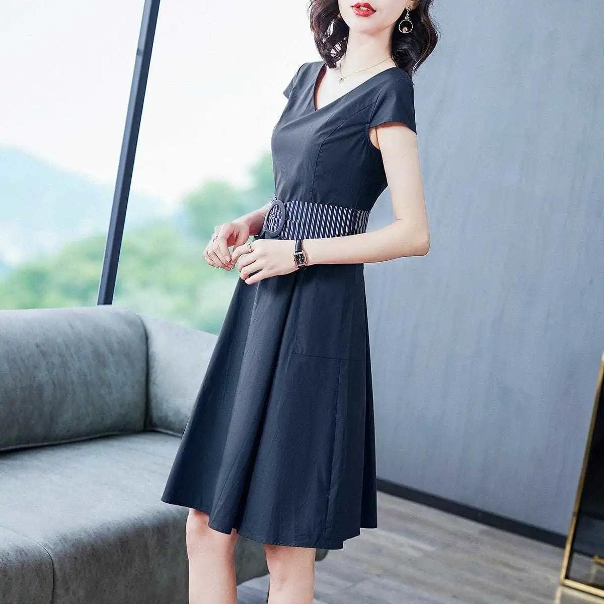 Summer Fashion All-match V-neck Dress Women's Waist Over-knee Long Skirt Casual Solid Color Short-sleeved Slim Dress