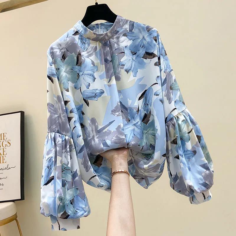 Floral Chiffon Puff Sleeve Top Thin Chiffon Shirt Women's Loose Casual Top Stand Collar Long Sleeves