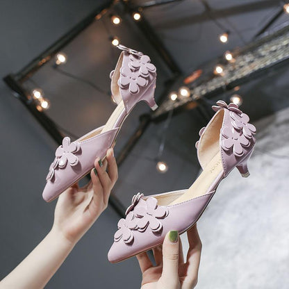 Korean Version  Sweet  Versatile Pointed Toe Single Shoes Women's High Heels 3cm Hollow Flower Low-heeled Small Stiletto Low-heeled Shoes