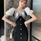 Women's Dress Summer Bubble Sleeve Slim Package Hip Dress Long Black Skirt V-neck Dress