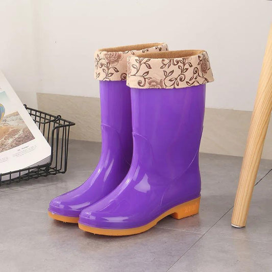 Autumn and Winter Rain Boots Female Adult Mid-tube Rain Boots Rubber Shoes Non-slip Plus Velvet Cotton Warm Waterproof Shoes