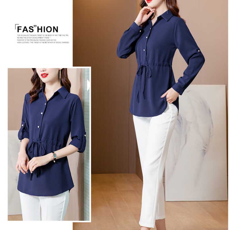 Shirt Women's Spring and Autumn Large Size Long-sleeved Waist Top Mid-length Solid Color Shirt