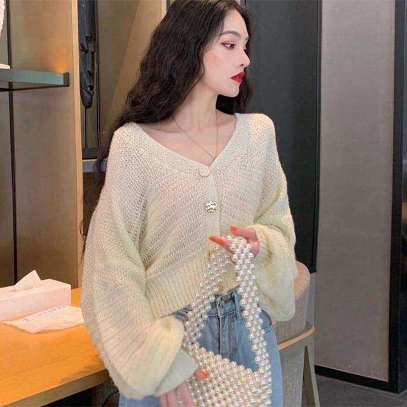 Pofulove lazy wind sweater female loose student wild long-sleeved cardigan hollow knitted jacket