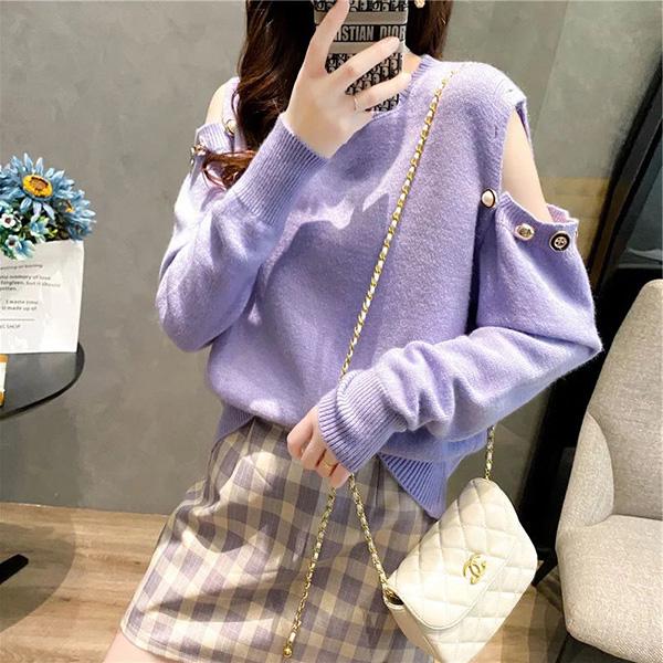 Off-the-shoulder Two-wear Pullover Solid Color Loose Knit Sweater Women's College Style Round Neck Top