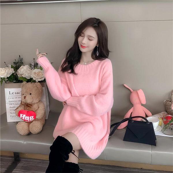 Women's Sweater Mid-length Loose Bag Hip Skirt Bottoming Round Neck Pullover Sweater Autumn and Winter