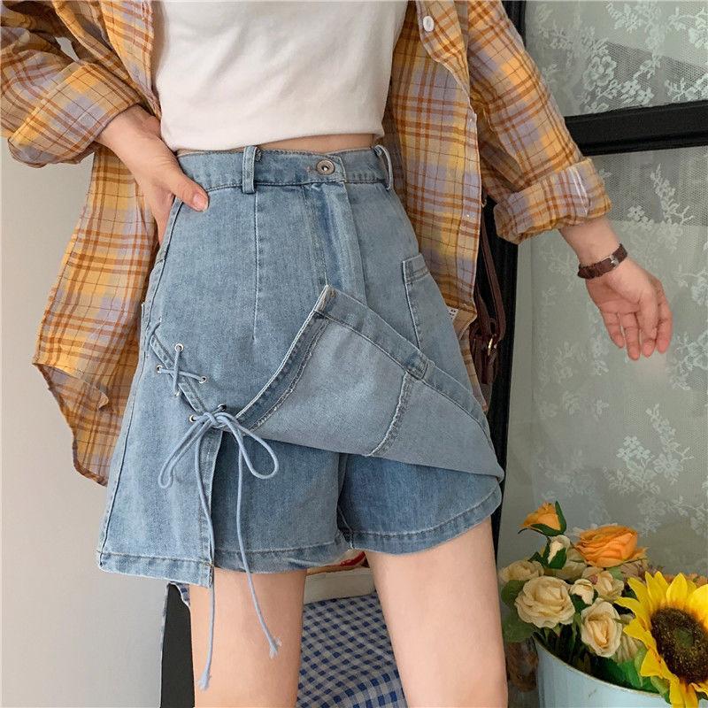 Retro Strappy Split Denim Skirt Women's Summer High Waist A-line Skirt Fake Two-piece Skirt