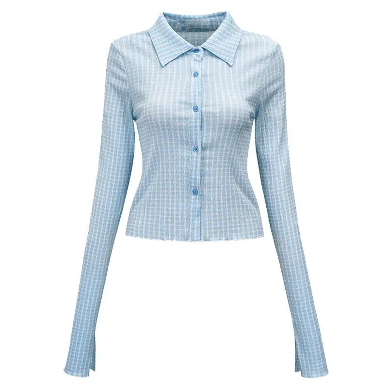 Plaid Shirt Cardigan Women's Retro Lapel Long Sleeves Short Slim Shirt
