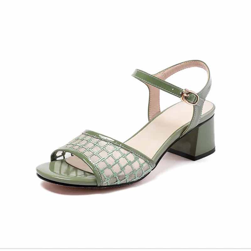 Summer Word Buckle Middle Heel Ladies Sandals Thick Heel Plus Size Women's Shoes All-match Leather Mesh Sandals Women