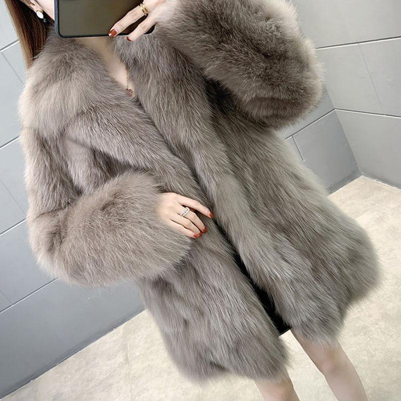 Winter Women's Coat with Imitation Fox Fur Haining Mid-length Fur Coat