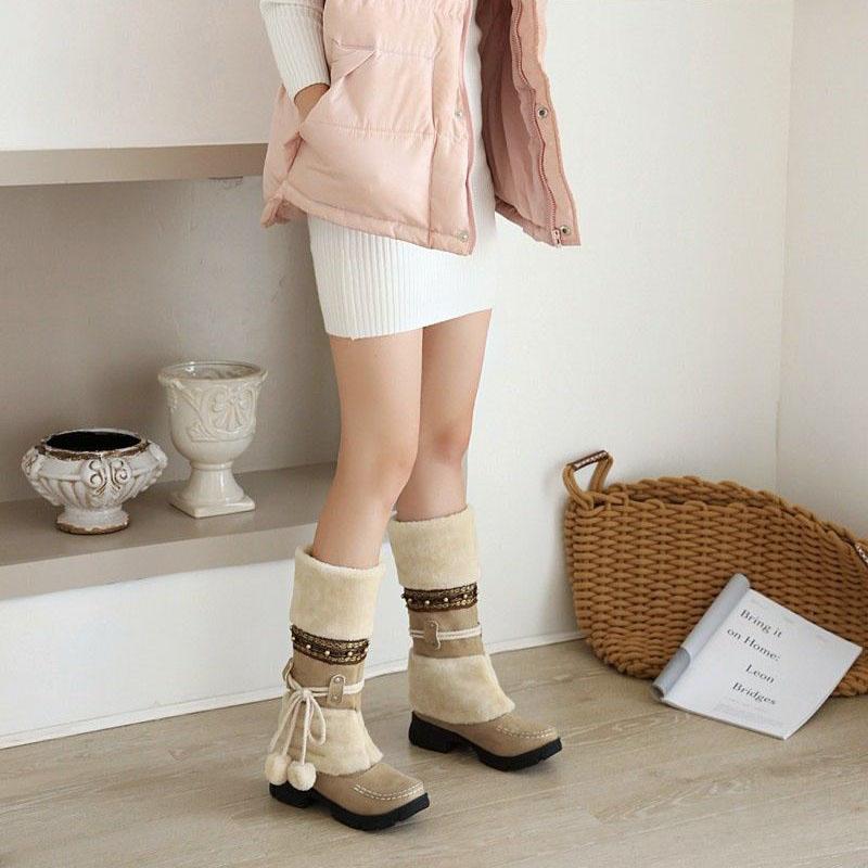 Bohemian Women's Snow Boots Beaded Fur Ball Thick Bottom High Boots Plus Velvet Calf-high Boots Plus Size 35-43