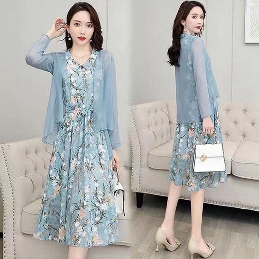 Chiffon Dress Tulle Cardigan Two-piece Set Women's Summer Sleeveless Floral Priting Dress+ Sunscreen Shawl Thin Coat Elegant Anti-UV Sun Dress Suit