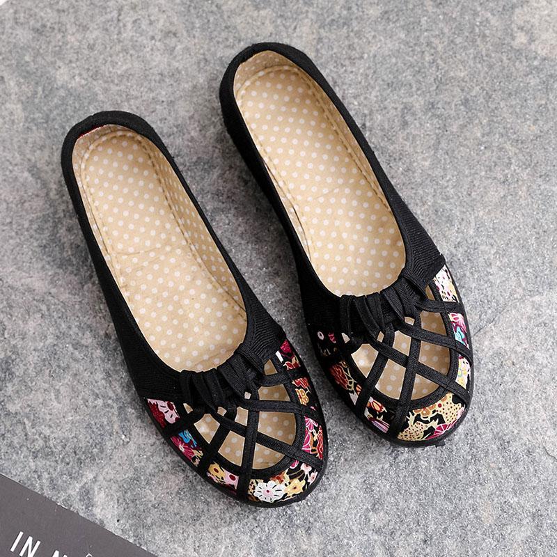 Summer Old Beijing Cloth Shoes Women's Net Shoes Single Shoes Hollow Non-slip Soft Bottom Middle-aged and Elderly Mother Shoes Pedal Sandals Women