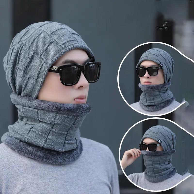 Men's Winter Woolen Hats Korean Fashion Plaid Knitted Hats Warm Knitted Woolen Hats Cold-proof Plus Velvet Cotton Hats