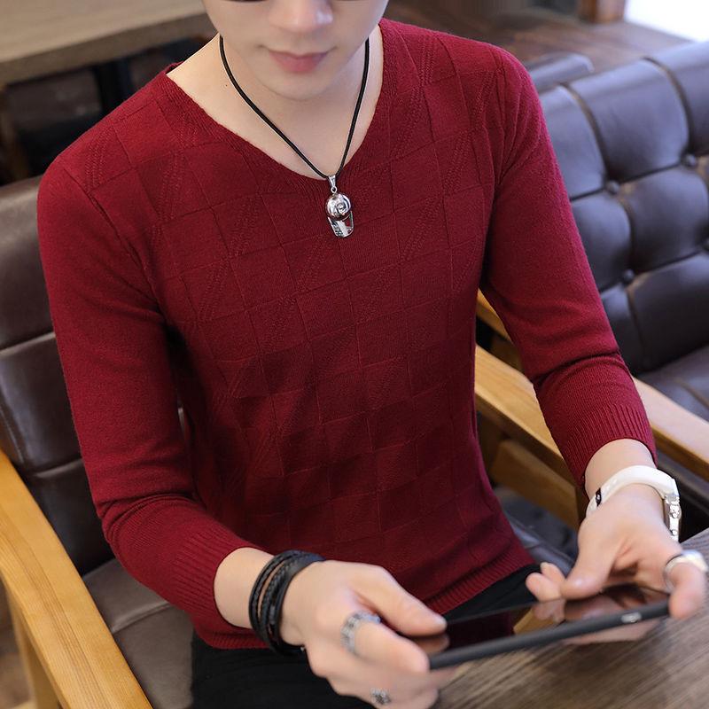 Men's Long-sleeved V-neck Knit Sweater Slim Fit Winter Warm Inner Clothes Solid Color Sweater Bottoming Shirt