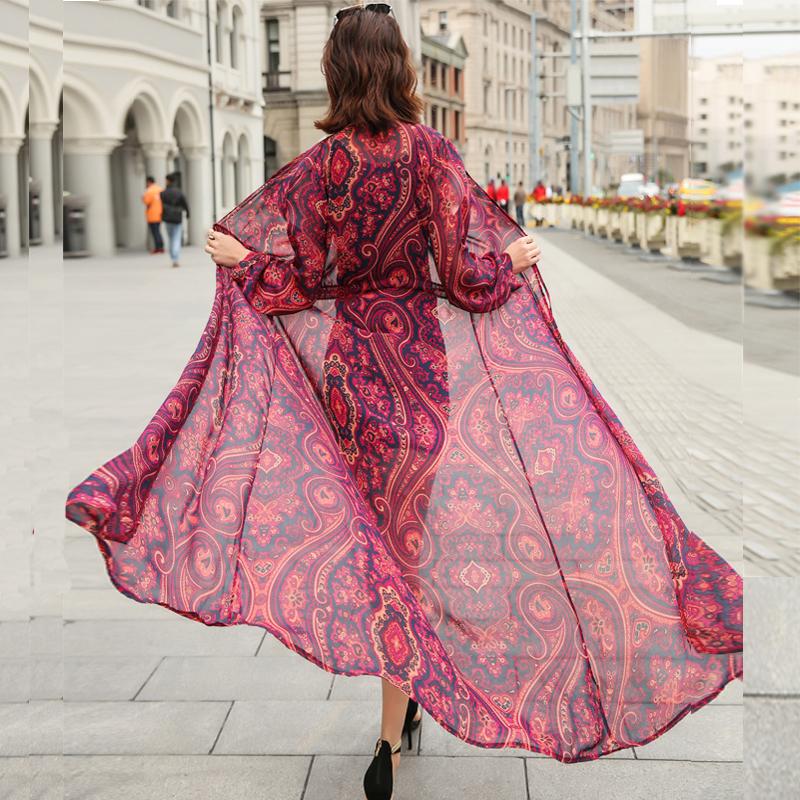 Women's Ethnic Style Sun-Dress Mid-length Plus Size Shawl Loose Outer Chiffon Cardigan Thin Coat Beach