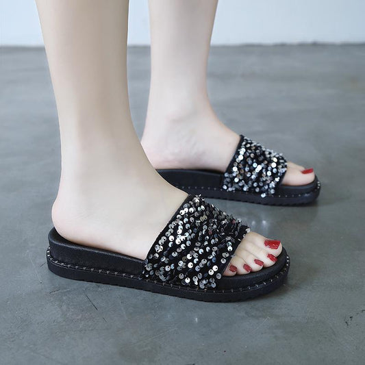 2020 Summer Fashion Sequins Casual Sandals and Slippers Women Wear Flat Bottom Flip Shoes Women Slippers Flip Flops Women