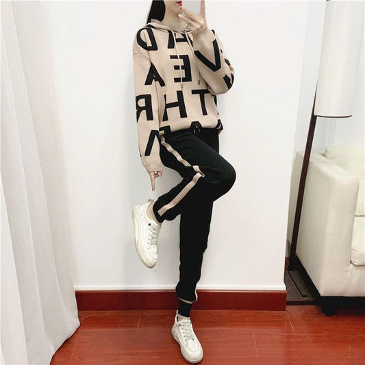 2pcs/set Women's Sports Set  Letter Printing Hooded Knitted  Sweater + Knitted  Elastic Waist Harem Pants Sets  Ladies Outfits Sweat Suit