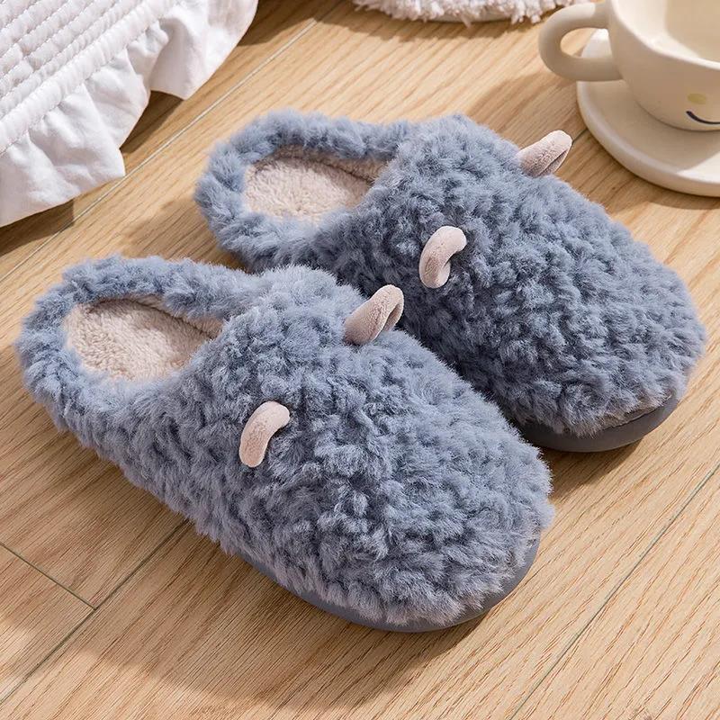 Women's House Slippers Slip-On Anti-Skid Rubbit Indoor Casual Shoes Snow Slippers Warm Thick Insole Floor Flat Shoes Winter Cartoon Footwear