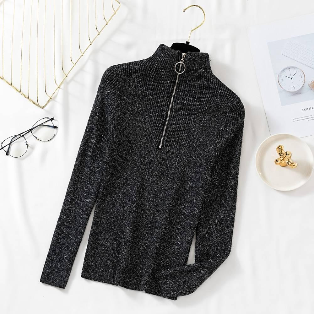 Women Shiny Lurex Turtleneck Zipper Sweater Knitted sweater Pullovers chic Jumper top Winter female