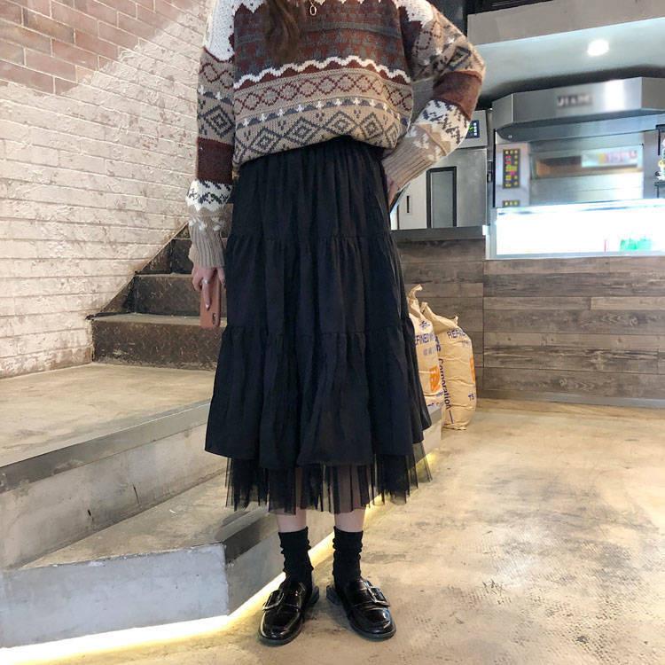 Yarn Skirt Woman's Mid-length Elastic Waist Ruffle Lace Hem School Work Travel High Waist A-line Skirt