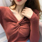 Pofulove Autumn Winter Knitted Jacket Female Cross V-neck Long-sleeved Bottom Shirt Pullover Tight