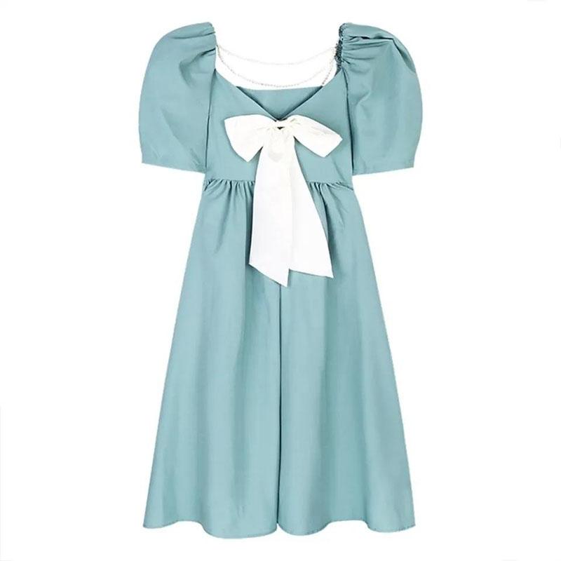 Women's Summer Long Dress Square Neck Slim Puff Sleeve Solid Color Skirt