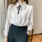 Chiffon Shirt Solid Color Bow Tie Lapel Shirt Ladies Versatile Long Sleeve Bottoming Shirt Commuter