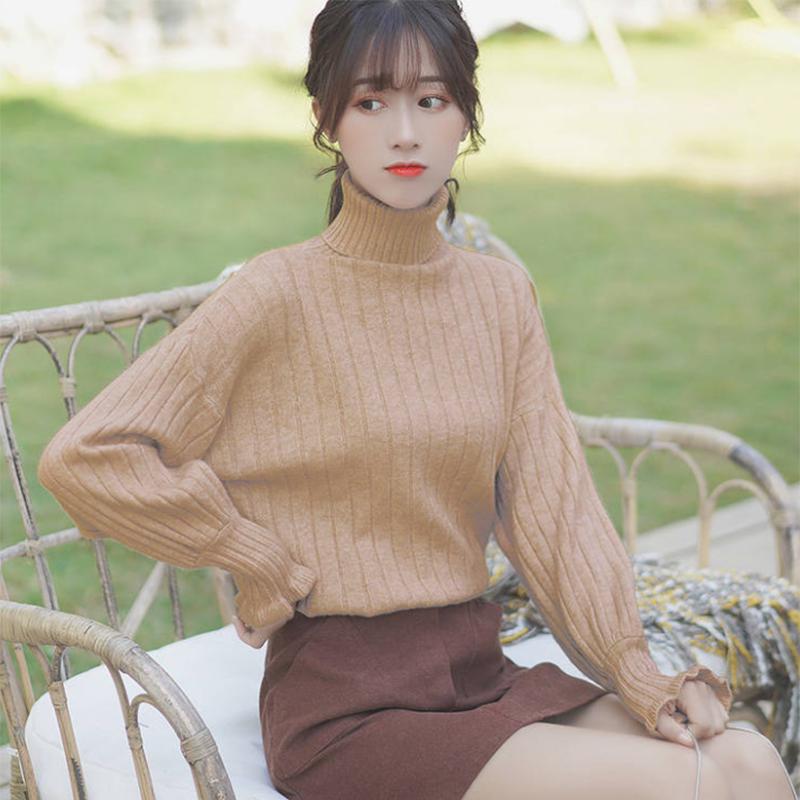 Pofulove Wild Knitted Bottoming Shirt Top Plus Velvet Plus Solid Sweater Women's Lantern Sleeve