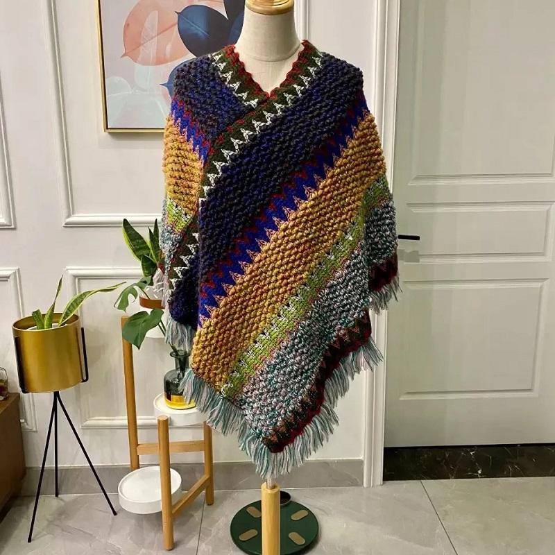 Ladies Ethnic Style Shawl Spring Autumn Striped Shawl Colorful Loose Coat Wild Bat-shaped Knitted Tassel Cloak Shawl Multifunctional Scarf Shawl