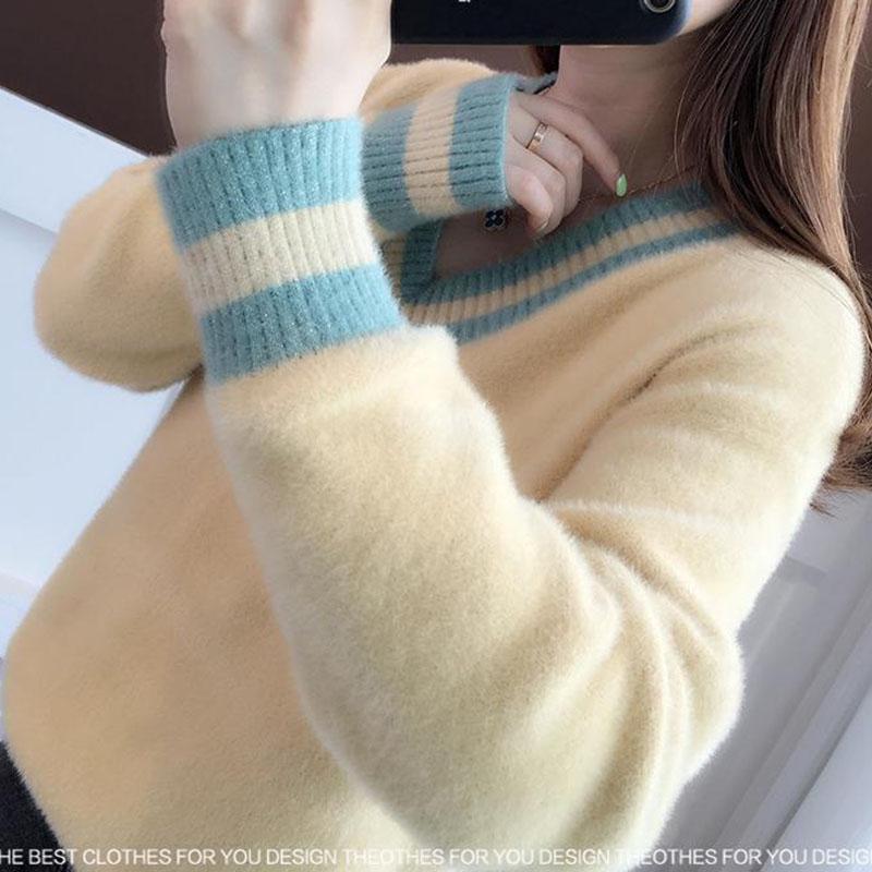 Autumn and Winter Mohair Thick Sweater Short V-neck Loose Coat Long Sleeve All-match Female Top