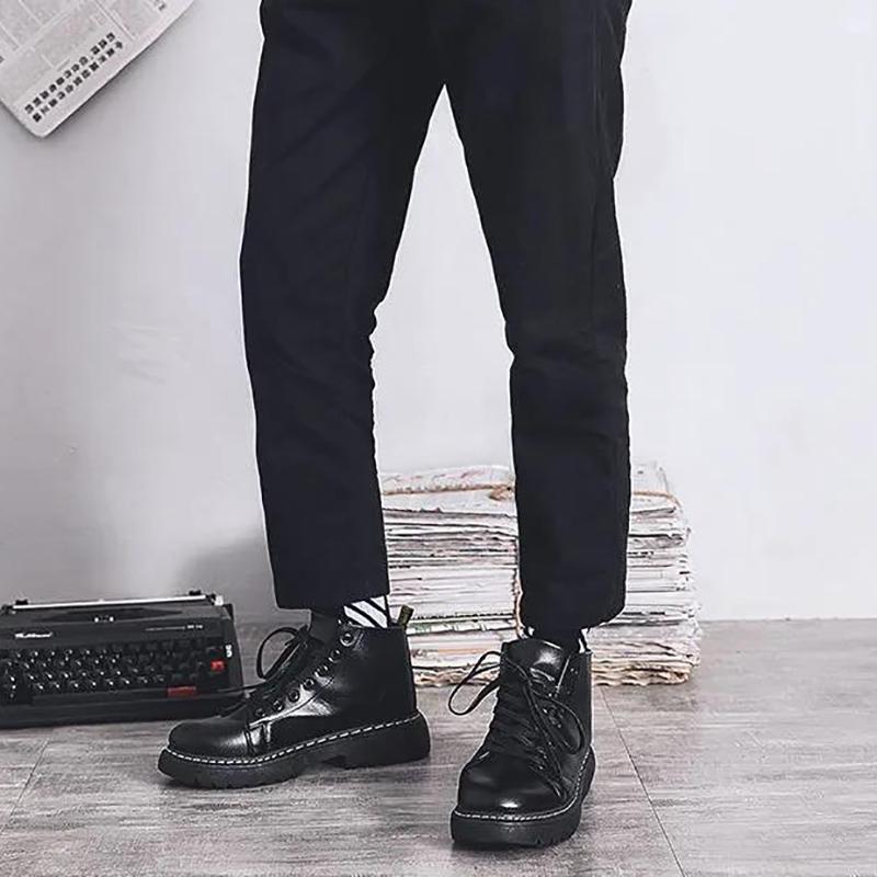 Men's Black Martin Boots Mid-British Thick-soled Men's Boots Korean Style Trendy All-match High-top Leather Shoes