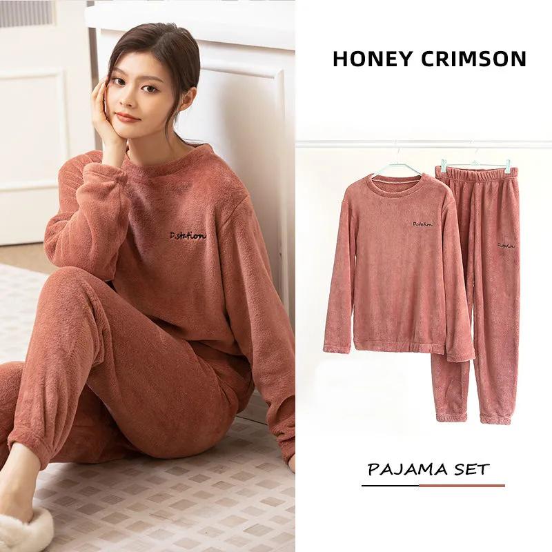 Pajamas for Women Men Coral Fleece Pyjamas Set Autumn Winter Sleepwear Suit Flannel Home Wear Loose Casual Velvet Warm Top and Pants Sets Long Sleeve
