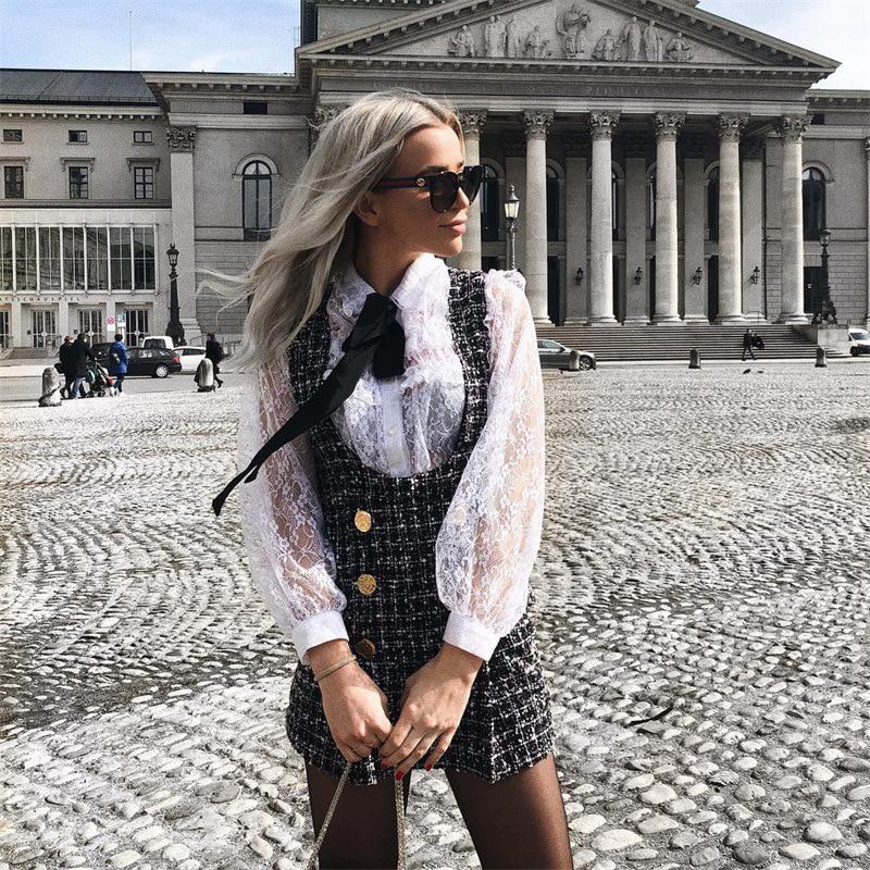 WTEMPO British Style Plaid Tweed Women Mini Dress Winter Sleevesless Double Button Elegant Ladies