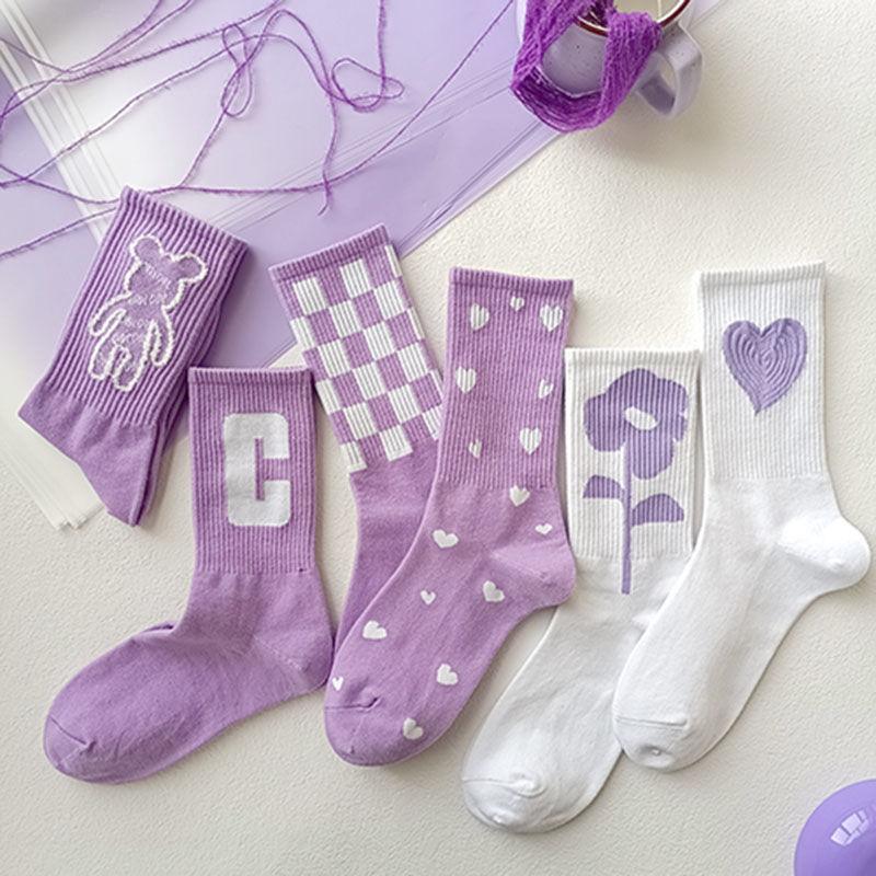 Women's Purple Stockings Fashion All-match Stockings Student Cotton Couples Six Pairs of Stockings