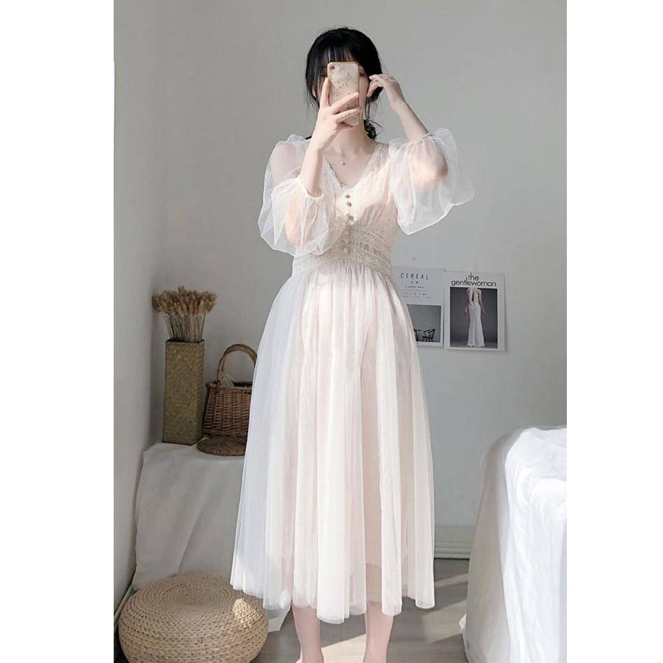 Women Dress V-neck Puff Sleeve Mesh Midi Dress Tulle Lace Dress Elegant Long Dress Vestidos