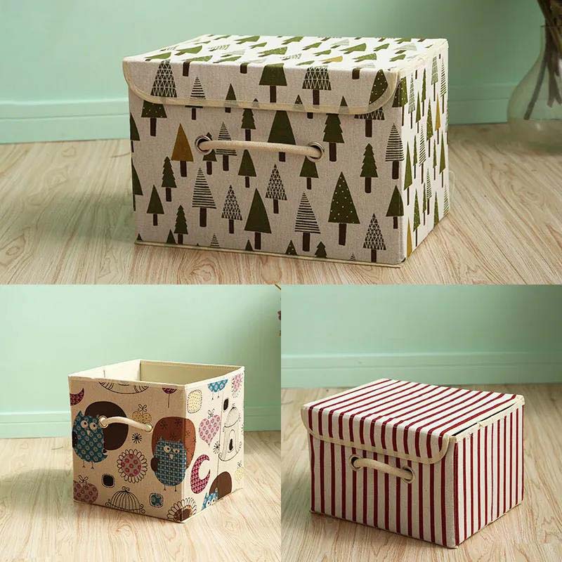 Simple Cartoon Cotton Linen Storage Box Dust Cover Foldable Clothes Underwear Toy Storage Box