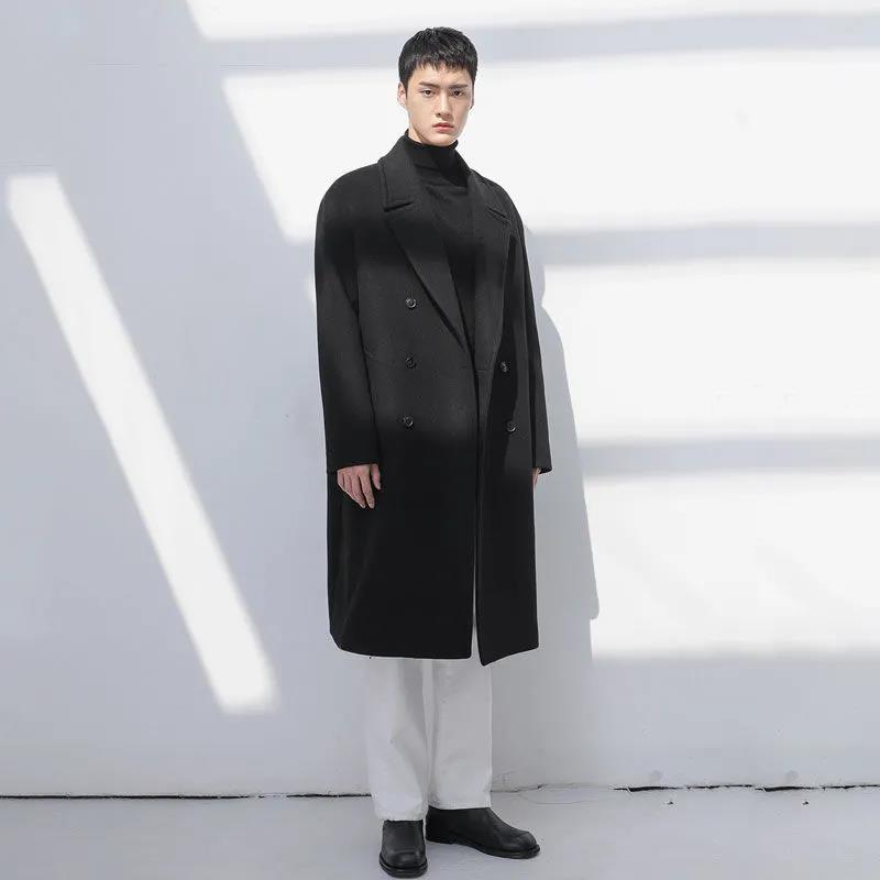 Winter Woolen Coat Men's Long Over-the-knee Loose Cashmere Trench Coat Trendy Brown Double-breasted Buttoned Woolen Coat
