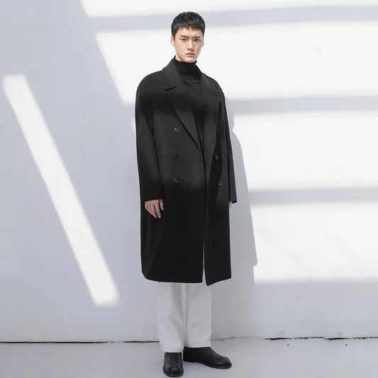 Winter Woolen Coat Men's Long Over-the-knee Loose Cashmere Trench Coat Trendy Brown Double-breasted Buttoned Woolen Coat