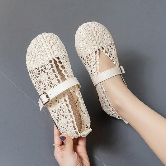 Cloth Shoes Women's Flat Shoes with Hollow Holes Sandals Non-slip Peas Shoes Women's Casual Buckle Comfortable Flat Shoes