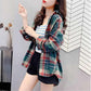 POLO Collar Contrast Color Plaid Brushed Loose Shirt Women's Spring and Autumn Retro Top