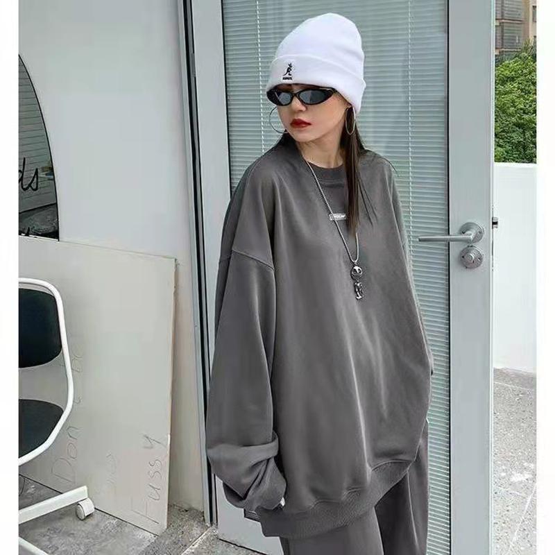 2PCS Ladies Spring and Autumn Grey Sports Suit Black Casual Pants Sweater Loose Two Piece Set Athletic Girl Jogging Suits Track Suit