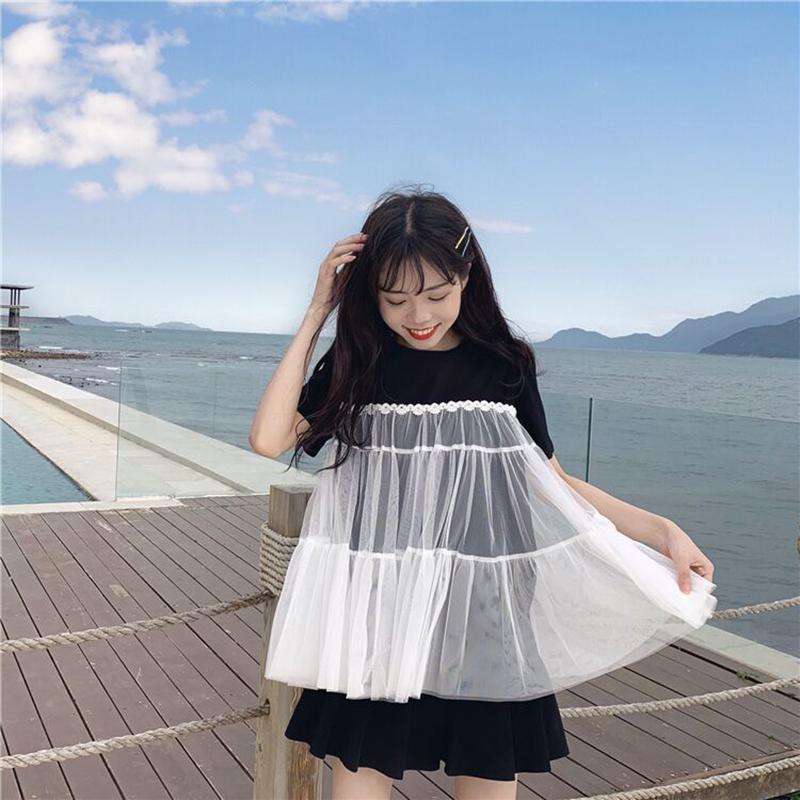 Short-sleeved Female Student Korean Loose T-shirt Summer Sweet Stitching Mesh T-shirt Round Neck Girlfriends Outfit