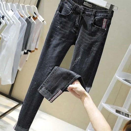 Women's Spring and Summer High Waist Jeans Korean Style Pencil Pants Ripped Jeans Student Pencil Nine-point Pants