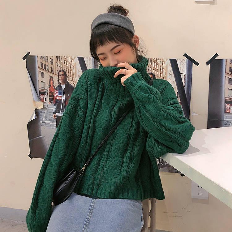 Solid Color Thick Turtleneck Sweater Autumn and Winter Loose Twist Pullover Knitted Sweater