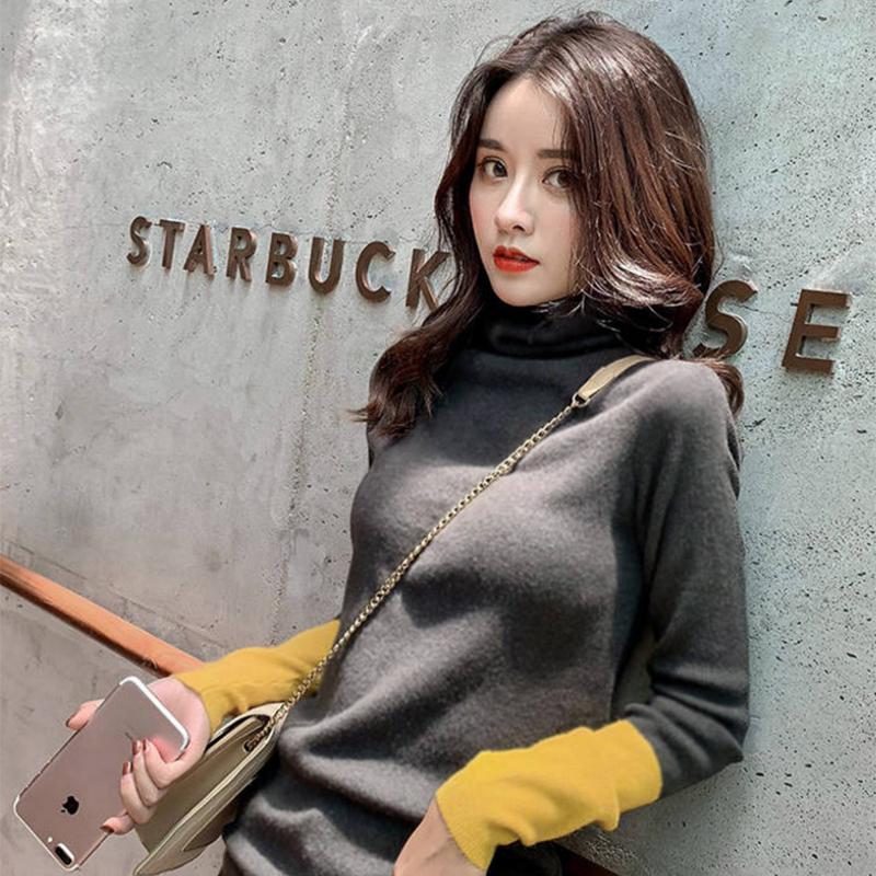 PofuLove Winter Long-sleeved Slim-fit Color-block Turtleneck Reversible Plus Velvet Bottoming Shirt